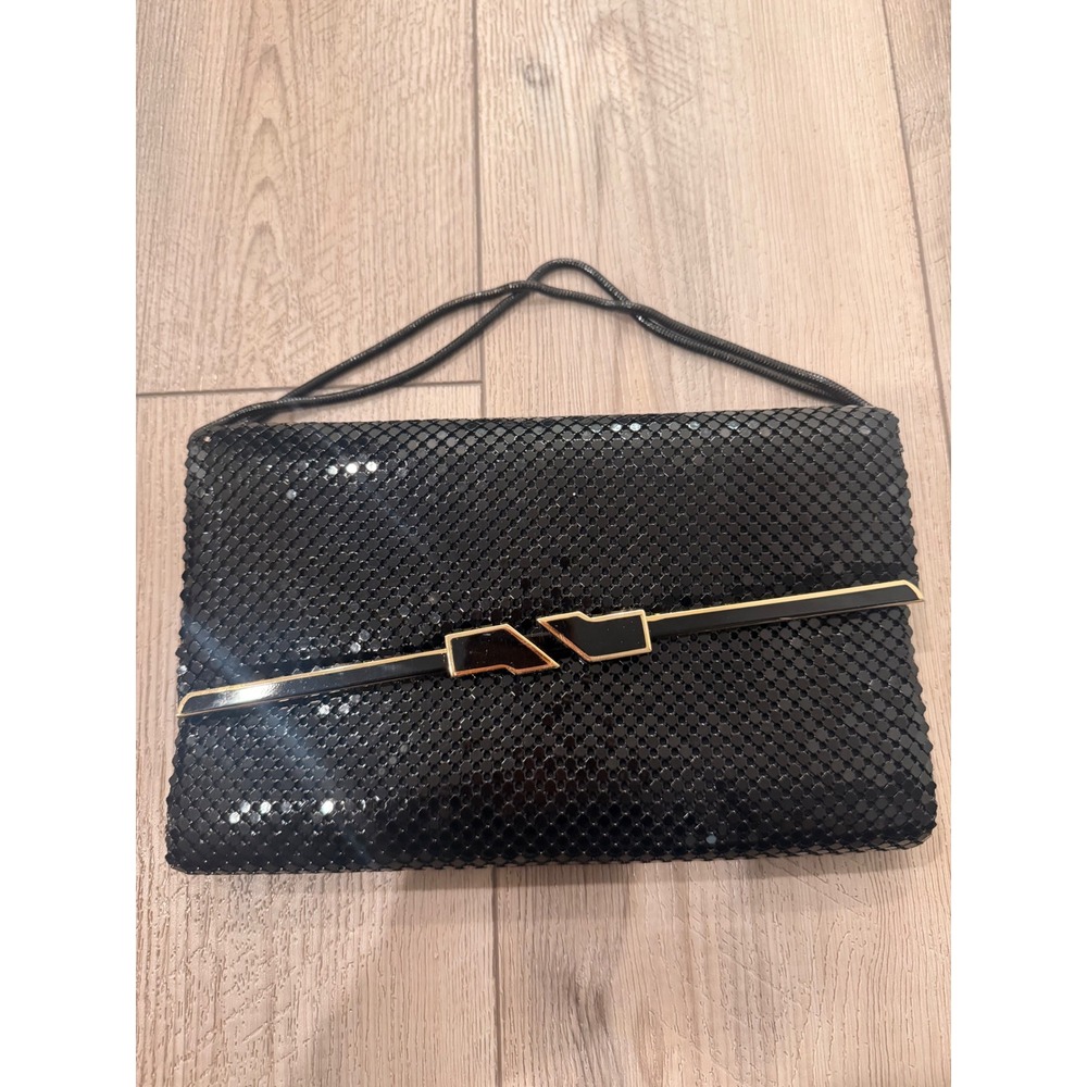 Vintage Black‎ Metal Mesh Clutch Gold Geometric Bar Evening Bag Shoulder Purse